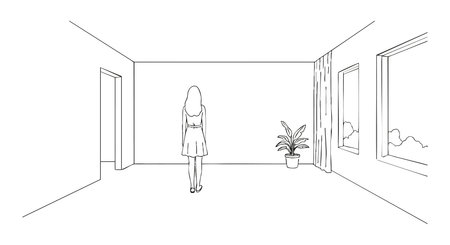 Vector illustration shows a woman standing in a minimalistic room with large windows and a potted plant, conveying simplicity and calmness.のイラスト素材