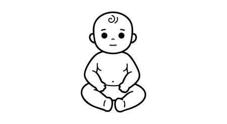 Illustration shows a baby sitting facing forward with minimal lines and neutral expression, conveying innocence and calm mood.のイラスト素材