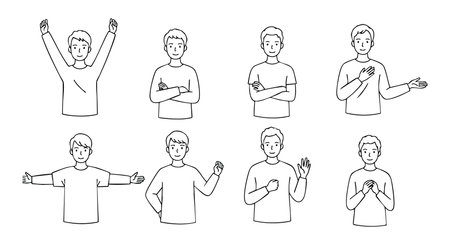 Male character shows different hand gestures in line art style for communication and expression in simple black outline. Clear and minimalistic mood.のイラスト素材