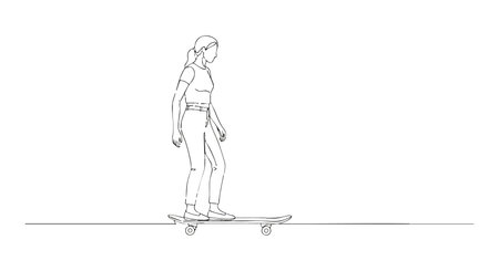 Illustration shows a young woman standing and riding a skateboard in minimal line art style with no color, creating a clean and calm mood.のイラスト素材
