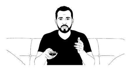 Man holds remote control pointing forward while watching television, sitting on couch in minimalistic style, conveying focus and engagement mood.のイラスト素材