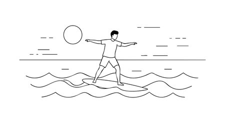 Vector illustration shows a man surfing on sea waves with the sun and clouds in the background, conveying an active and adventurous mood.のイラスト素材