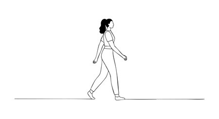 Vector illustration shows woman walking with casual stride in black and white style, simple and minimalistic, conveying calm and neutral mood.のイラスト素材