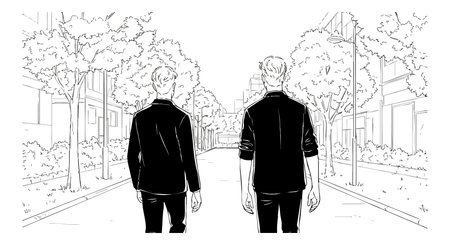 Illustration shows two men walking down a city street with trees and buildings in black and white line art style, calm mood.のイラスト素材