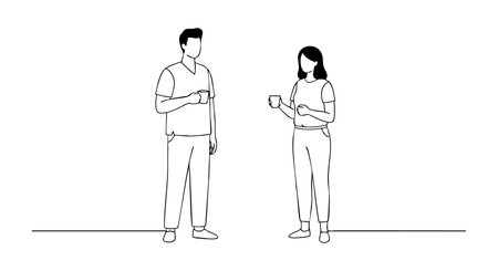 Vector illustration shows two people standing facing each other holding drinks in minimalist line art style with calm mood.のイラスト素材