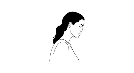 Woman with ponytail hairstyle faces sideways in minimalist black line art style, creating a calm and contemplative mood.のイラスト素材