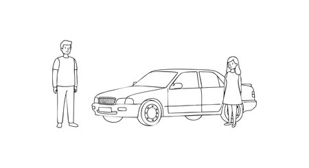 This vector line art shows a man and woman standing near a car, conveying interaction and transportation themes, calm mood.のイラスト素材