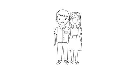 Boy and girl stand close together in a simple outline style, representing friendship and childhood innocence, in a calm mood.のイラスト素材