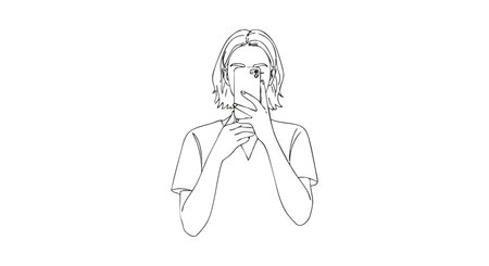 Line art shows a person holding a phone and covering their mouth in a thoughtful pose, creating a calm and introspective mood.のイラスト素材