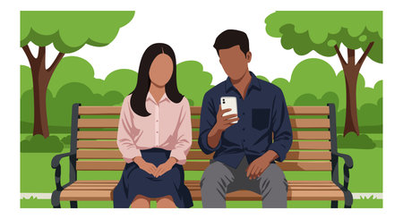 A man and woman sit on a park bench surrounded by trees, with the man using a smartphone. The scene feels calm and peaceful.のイラスト素材