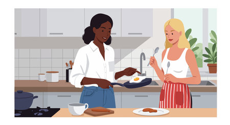 Two women cook and taste food together in a bright modern kitchen, sharing a friendly moment with calm and warmth.のイラスト素材