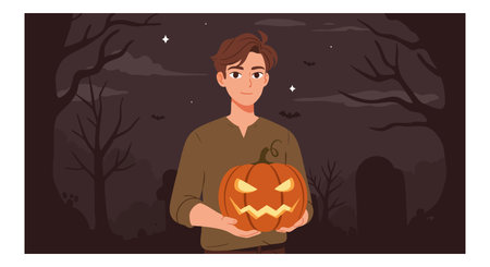 A young man holds a carved pumpkin in a dark forest with barren trees and tombstones, creating a spooky Halloween atmosphere. Mysterious mood.のイラスト素材