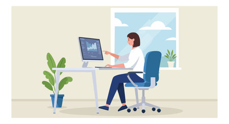 Woman sits on office chair typing on computer at desk with indoor plants and window showing clouds, bright workspace, calm mood.のイラスト素材