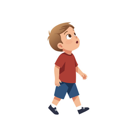 Illustration of a young boy wearing a red shirt and blue shorts walking while looking upward with curiosity and wonder. Calm mood.のイラスト素材