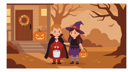 Two children in Halloween costumes hold pumpkin lanterns outside a decorated house during autumn dusk in a festive mood.のイラスト素材