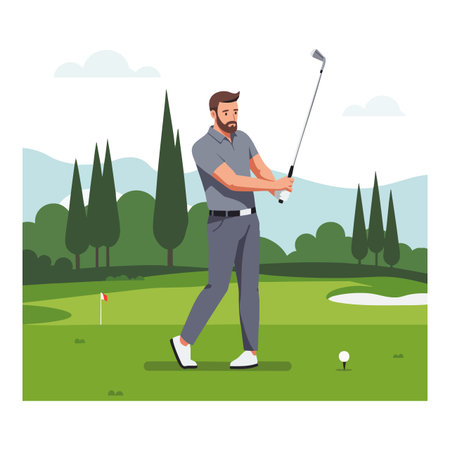 A man swings a golf club on a green course with trees and hills under a clear sky, creating a calm sporty mood.のイラスト素材