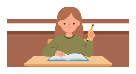 Young girl studies attentively at desk holding a pencil with an open book in a classroom environment, evoking focus and calm.のイラスト素材