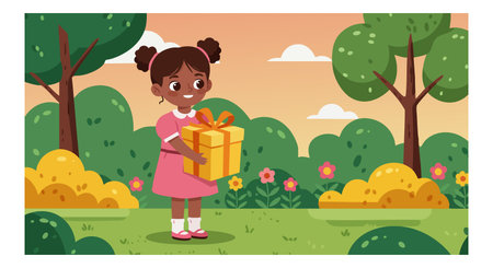 Young girl stands in park holding a wrapped gift box with trees and bushes around in warm sunset lighting cheerful mood.のイラスト素材