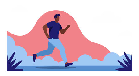 Illustration shows a man running outdoors on a blue surface with a pink abstract background, evoking an active and energetic mood.のイラスト素材