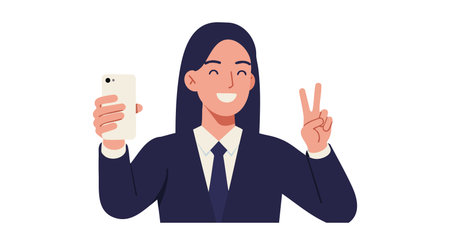 Illustration shows a woman holding a smartphone and making a peace sign with her fingers, smiling confidently, cheerful mood.のイラスト素材