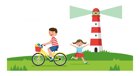 Illustration shows a boy riding a bicycle and a girl running joyfully near a red and white lighthouse in green outdoor landscape. Cheerful mood.のイラスト素材