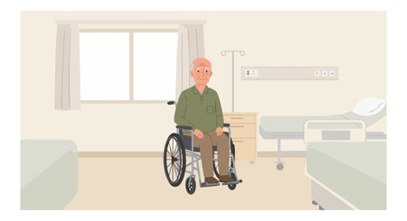 Elderly man sits in wheelchair in a hospital room with beds and medical devices, conveying a calm and clinical atmosphere.のイラスト素材