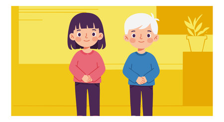 Illustration shows boy and girl standing indoors with yellow background and plant, creating warm and...