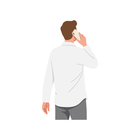 Illustration shows a man viewed from behind talking on a smartphone wearing a white shirt, conveying a casual and modern mood.のイラスト素材