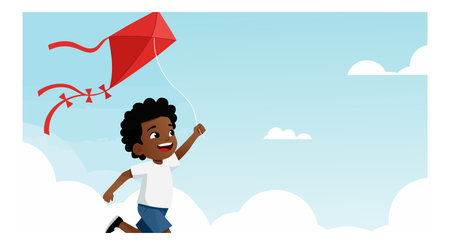 A happy boy runs flying a red kite against a bright blue sky with clouds, showing joyful outdoor childhood play. Cheerful mood.のイラスト素材