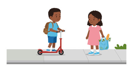 Illustration shows a boy riding a scooter and a girl carrying a grocery bag on the sidewalk in a casual outdoor setting, cheerful mood.のイラスト素材