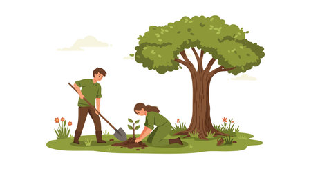 Two people work together planting a young tree under a large tree in a calm natural setting with grass and flowers, peaceful mood.のイラスト素材