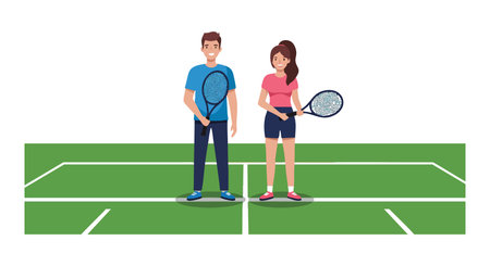 Illustration shows a male and female tennis player standing on a green court holding rackets, preparing for a match, energetic mood.のイラスト素材