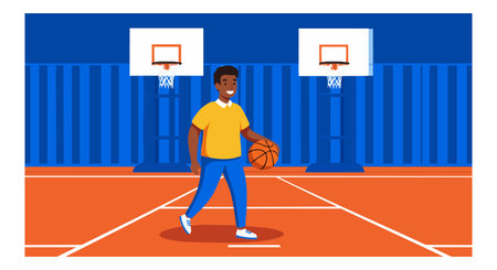 A basketball player dribbles the ball on an indoor court with blue walls and orange flooring, creating an active and dynamic mood.のイラスト素材