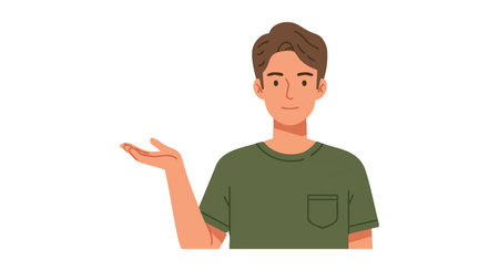 Illustration shows a young man in a green shirt with an open hand gesture, expressing explanation or presentation in a calm mood.のイラスト素材