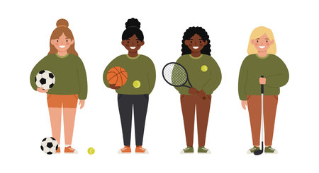 Four girls engage in soccer, basketball, tennis, and golf sports wearing green tops and casual pants in a cheerful scene. Energetic mood.のイラスト素材