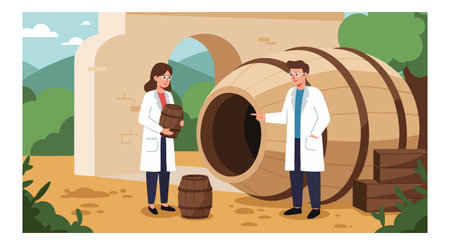 Two scientists in white coats work with oak barrels in a vineyard setting, demonstrating winemaking steps in a bright outdoor scene. Professional mood.のイラスト素材