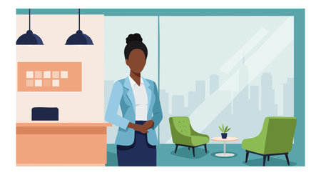 Illustration shows a businesswoman standing in a modern office with green chairs and a city skyline visible through large windows. Calm mood.のイラスト素材