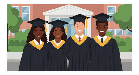 Four diverse college students stand smiling in graduation gowns outside a school building, celebrating academic achievement. Bright and hopeful mood.のイラスト素材