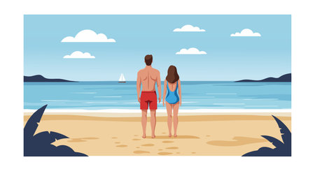 A man and woman hold hands on a sandy beach, facing the calm blue ocean with clouds and a sailboat, creating a peaceful mood.のイラスト素材