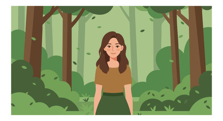 Illustration shows a woman standing in a green forest surrounded by trees and bushes, creating a calm and peaceful atmosphere.のイラスト素材