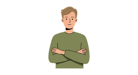Illustration shows a young man with folded arms wearing a green sweater in a casual style, conveying...