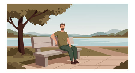 Man relaxes on a park bench by a lake with tree and distant mountains under clear sky in calm, peaceful outdoor scene. Serene mood.のイラスト素材