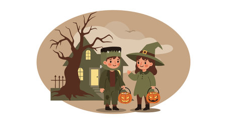 Two children wear Halloween costumes and hold pumpkin lanterns near a spooky haunted house under a dark tree, creating a festive eerie mood.のイラスト素材
