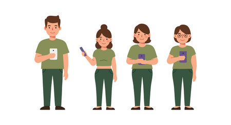 Four diverse people stand using smartphones in casual green outfits, showing modern communication in a friendly mood.のイラスト素材