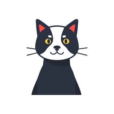 Vector illustration shows a black and white cat with yellow eyes and pink ears on white background. The mood is calm.のイラスト素材