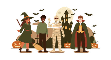 Illustration shows children dressed as witch, vampire, and mummy celebrating Halloween near haunted house under full moon. Playful spooky mood.のイラスト素材