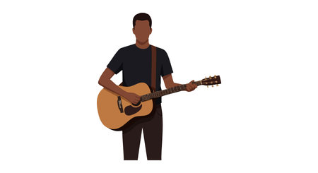 Illustration shows a male musician playing an acoustic guitar in a casual outfit, creating a relaxed and artistic mood.のイラスト素材