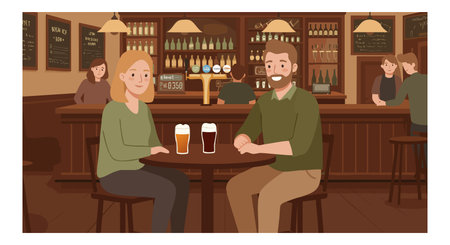 Illustration shows a man and woman sitting at a pub table with glasses of beer, bar shelves in background, warm lighting, friendly atmosphere. Relaxed mood.のイラスト素材