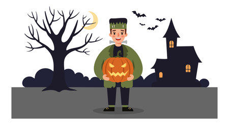 Boy in costume holds a jack-o-lantern in front of a haunted house and leafless tree under a crescent moon, spooky and playful mood.のイラスト素材