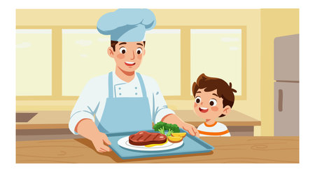 Chef serves a plate of steak and vegetables to a happy boy in a bright kitchen setting. Friendly and warm atmosphere.のイラスト素材
